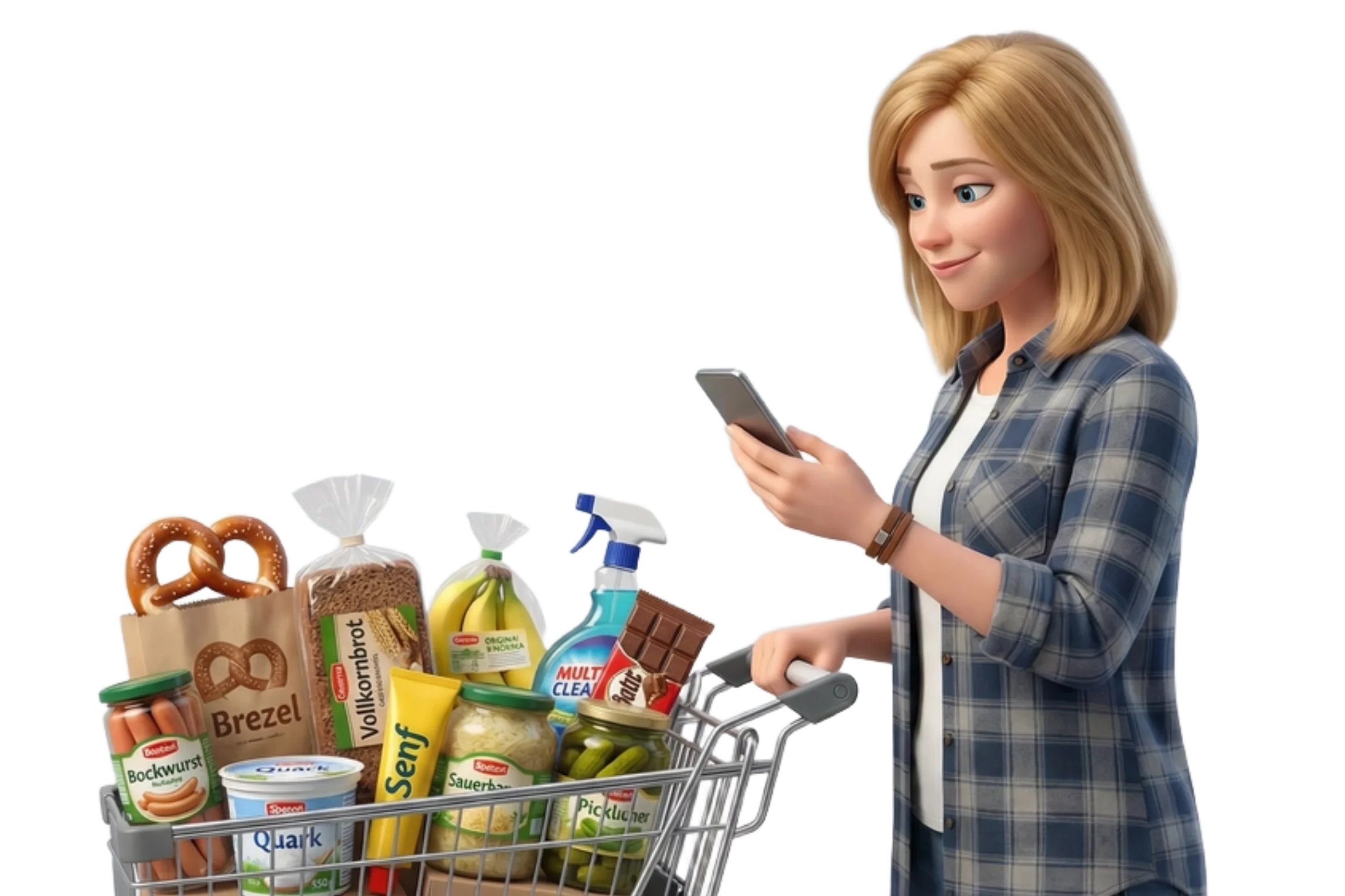 Frau nutzt die SpesaZen App im Supermarkt mit ihrem Einkaufswagen
